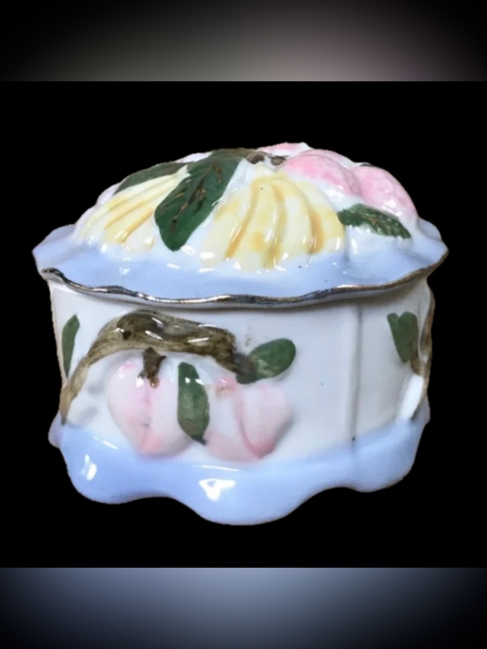 Vintage Porcelain Embossed Fruit Trinket Box with Lid Cottagecore Grandmacore